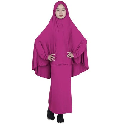 2pcs Set Abaya Muslim Kids Girls Gowns Long Overhead Hijab Maxi Dress Islamic Prayer Garment Clothing Set Turkey Khimar Ramadan