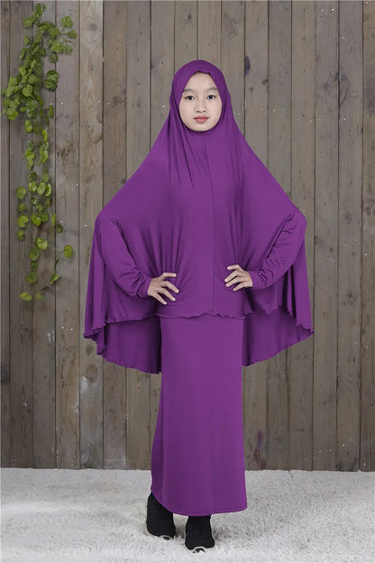 2pcs Set Abaya Muslim Kids Girls Gowns Long Overhead Hijab Maxi Dress Islamic Prayer Garment Clothing Set Turkey Khimar Ramadan