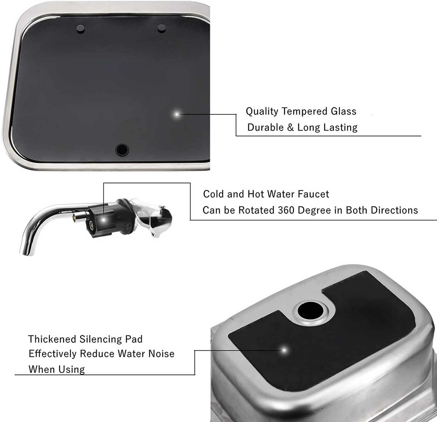 RV Camper Stainless Steel Hand Wash Basin Sink With Folded Faucet Tempered Glass Lid Washbasin for Caravan Boat Motorhome