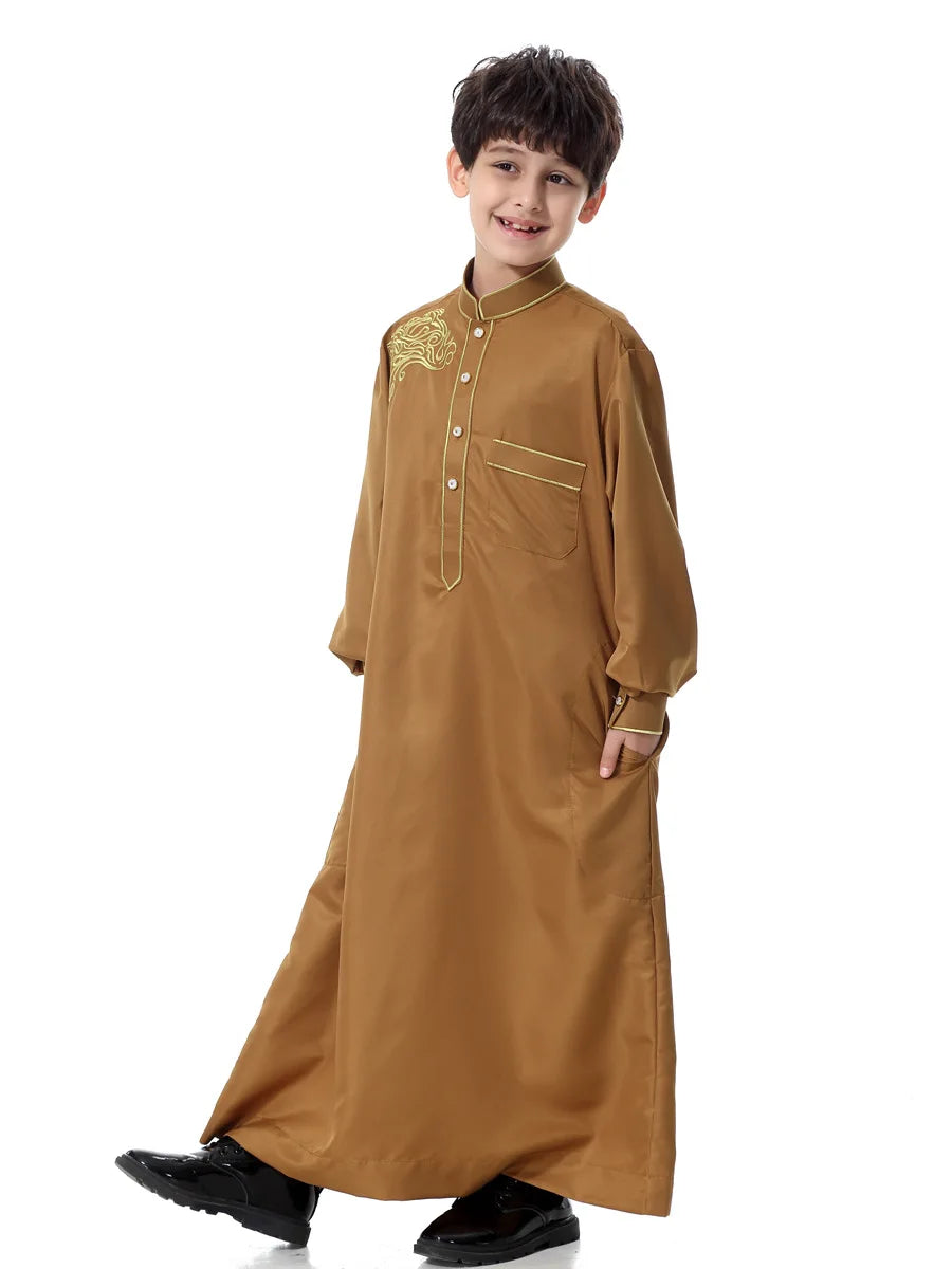 Arab Muslim Kids Boy Jubba Thobe Abaya Kimono Long Dress Caftan for Children Islamic Clothing Long Robes Dress Dubai Arab