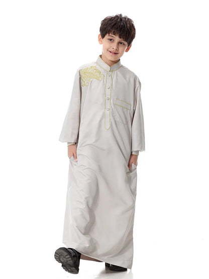 Arab Muslim Kids Boy Jubba Thobe Abaya Kimono Long Dress Caftan for Children Islamic Clothing Long Robes Dress Dubai Arab