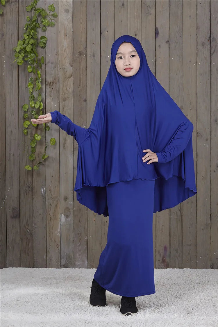 2pcs Set Abaya Muslim Kids Girls Gowns Long Overhead Hijab Maxi Dress Islamic Prayer Garment Clothing Set Turkey Khimar Ramadan