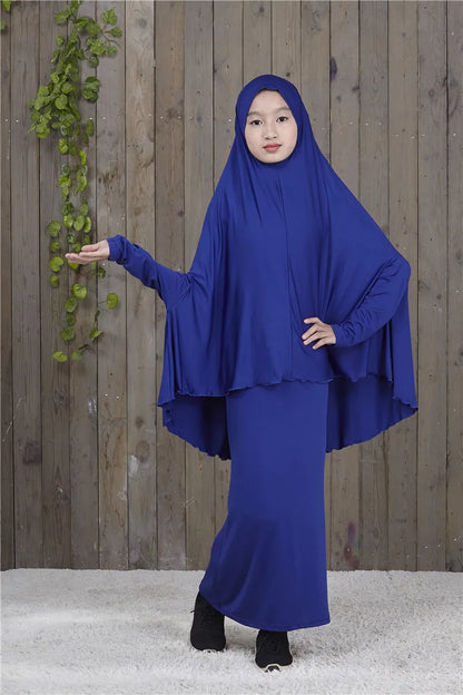 2pcs Set Abaya Muslim Kids Girls Gowns Long Overhead Hijab Maxi Dress Islamic Prayer Garment Clothing Set Turkey Khimar Ramadan
