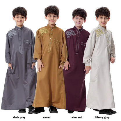 Arab Muslim Kids Boy Jubba Thobe Abaya Kimono Long Dress Caftan for Children Islamic Clothing Long Robes Dress Dubai Arab