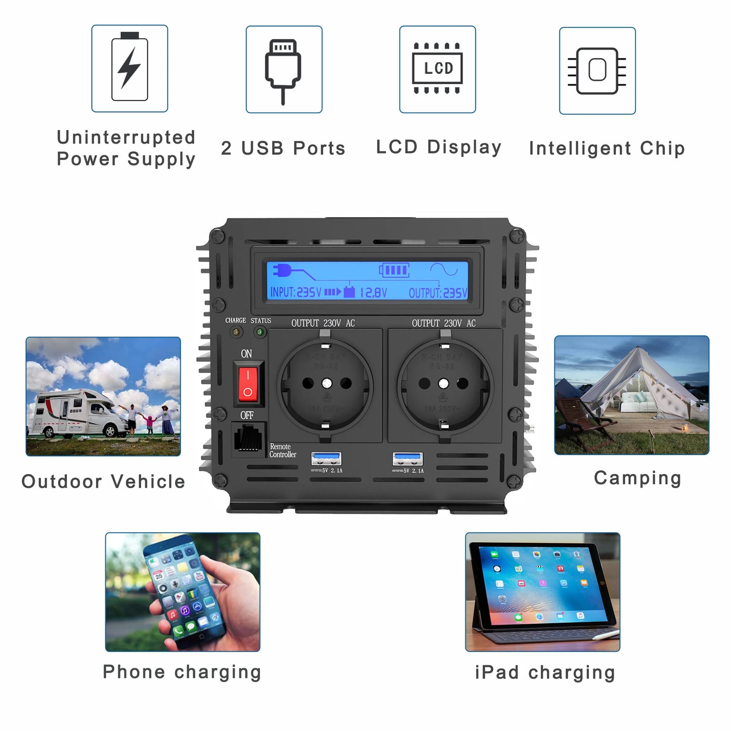 UPS inverter with charger 1500W 2500W DC 12V to AC 220V 230V converter pure sine wave transformer off grid for home