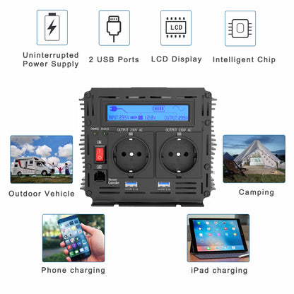 UPS inverter with charger 1500W 2500W DC 12V to AC 220V 230V converter pure sine wave transformer off grid for home