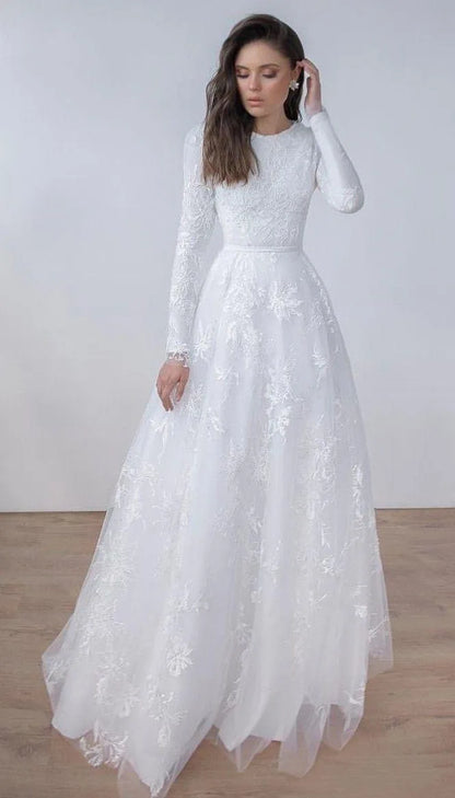Long Sleeves Lace A-line Modest Wedding Dresses Jewel Neck Sweep Train Simple Vintage Lace  muslim country Bridal Gowns