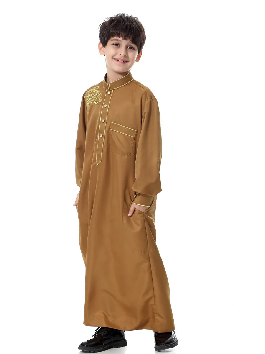 Arab Muslim Kids Boy Jubba Thobe Abaya Kimono Long Dress Caftan for Children Islamic Clothing Long Robes Dress Dubai Arab