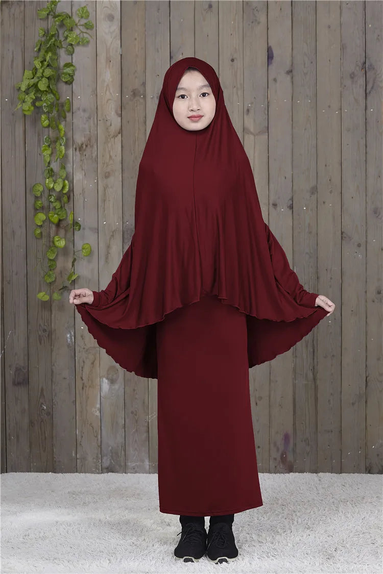 2pcs Set Abaya Muslim Kids Girls Gowns Long Overhead Hijab Maxi Dress Islamic Prayer Garment Clothing Set Turkey Khimar Ramadan