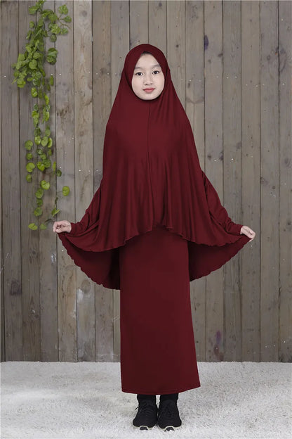 2pcs Set Abaya Muslim Kids Girls Gowns Long Overhead Hijab Maxi Dress Islamic Prayer Garment Clothing Set Turkey Khimar Ramadan