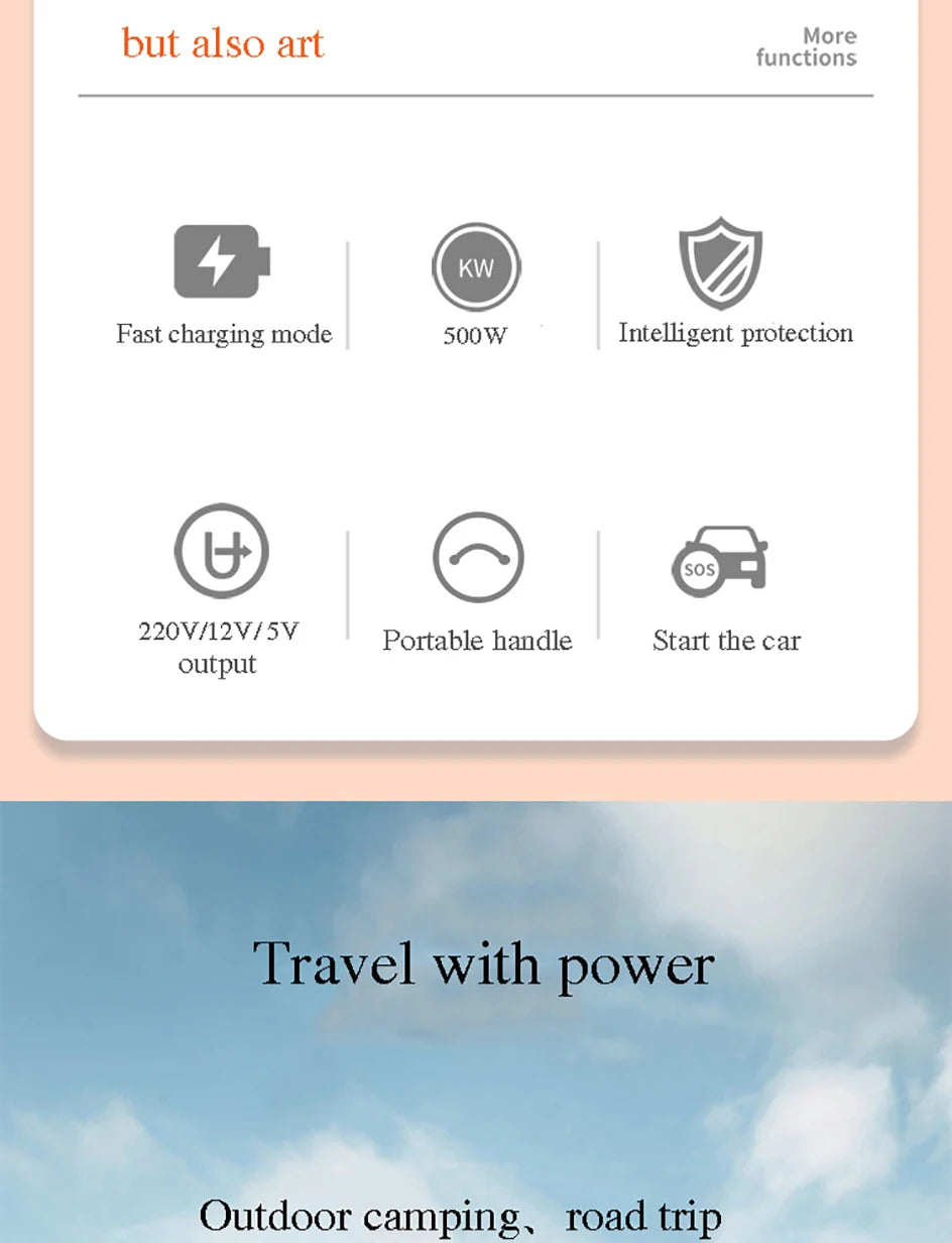 12V Lithium Battery Inverter AC220V 500W Rechargeable Battery Solar Energy Storage Backup Outdoor Battery Pack Sine Wave 50~60HZ