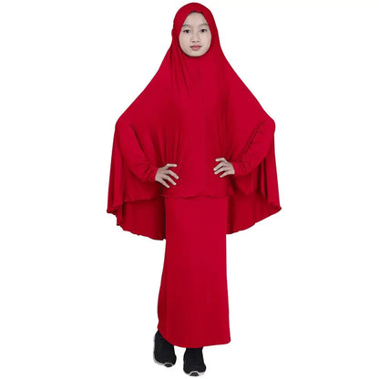 2pcs Set Abaya Muslim Kids Girls Gowns Long Overhead Hijab Maxi Dress Islamic Prayer Garment Clothing Set Turkey Khimar Ramadan