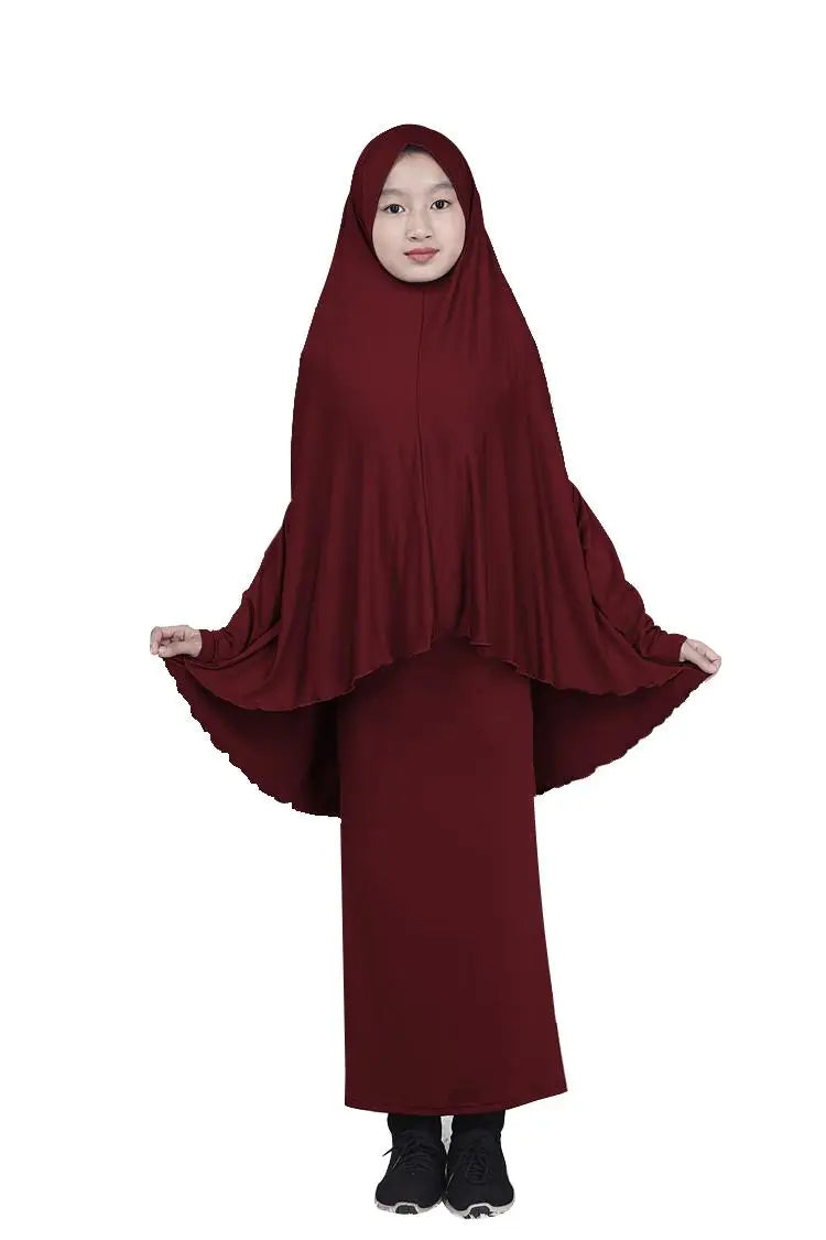 2pcs Set Abaya Muslim Kids Girls Gowns Long Overhead Hijab Maxi Dress Islamic Prayer Garment Clothing Set Turkey Khimar Ramadan
