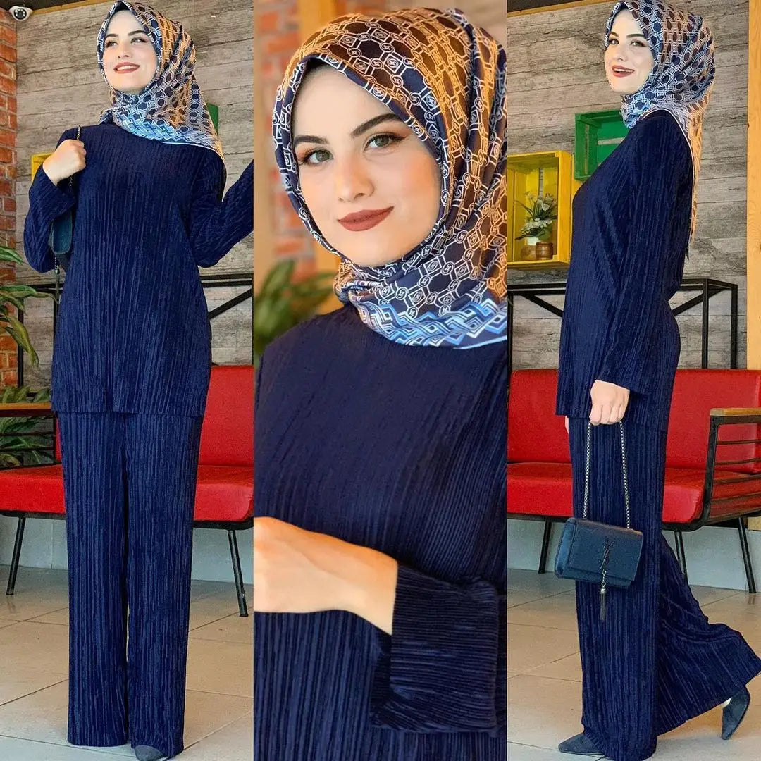 Muslim Sets Women Ramadan Abaya Turkey Dubai Hijab Two Piece Suits Prayer Dress Wide Leg Pants Jilbab Khimar Islamic Clothing