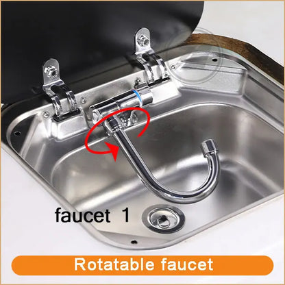 RV Camper Stainless Steel Hand Wash Basin Sink With Folded Faucet Tempered Glass Lid Washbasin for Caravan Boat Motorhome