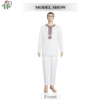 H&D Embroidered Dashiki Agbada Men African Traditional Clothes Ankara Outfit Cover Shirt Pants 3 PCS Suit Muslim Sets