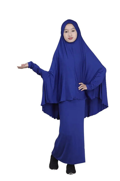 2pcs Set Abaya Muslim Kids Girls Gowns Long Overhead Hijab Maxi Dress Islamic Prayer Garment Clothing Set Turkey Khimar Ramadan