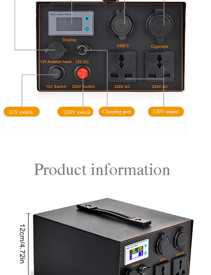 12V Lithium Battery Inverter AC220V 500W Rechargeable Battery Solar Energy Storage Backup Outdoor Battery Pack Sine Wave 50~60HZ