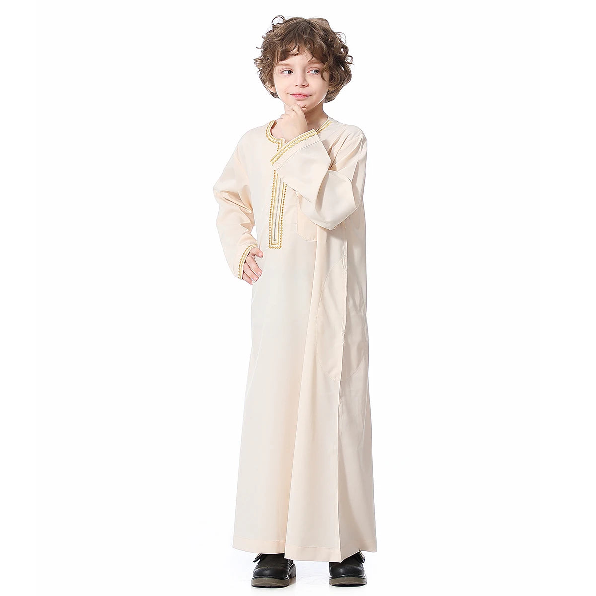 Muslim Boys Robe Embroidered Long Sleeve Dress Gown Saudi Arabia Abaya Kaftan Jubba Thobe Islamic Clothes Eid Djellaba Ramadan