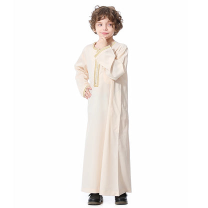 Muslim Boys Robe Embroidered Long Sleeve Dress Gown Saudi Arabia Abaya Kaftan Jubba Thobe Islamic Clothes Eid Djellaba Ramadan
