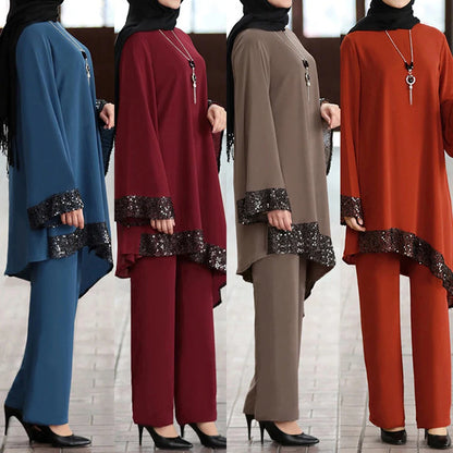 Set Woman 2 Pieces Winter Muslim Fashion Abaya Hijab Dress Women Kaftan With Sequins Islamic Clothing Abaya Set With Pants Browm