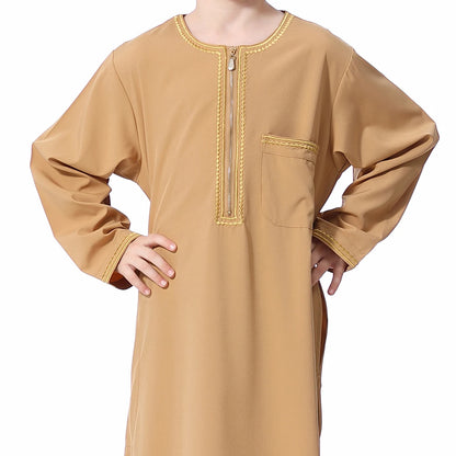 Muslim Boys Robe Embroidered Long Sleeve Dress Gown Saudi Arabia Abaya Kaftan Jubba Thobe Islamic Clothes Eid Djellaba Ramadan