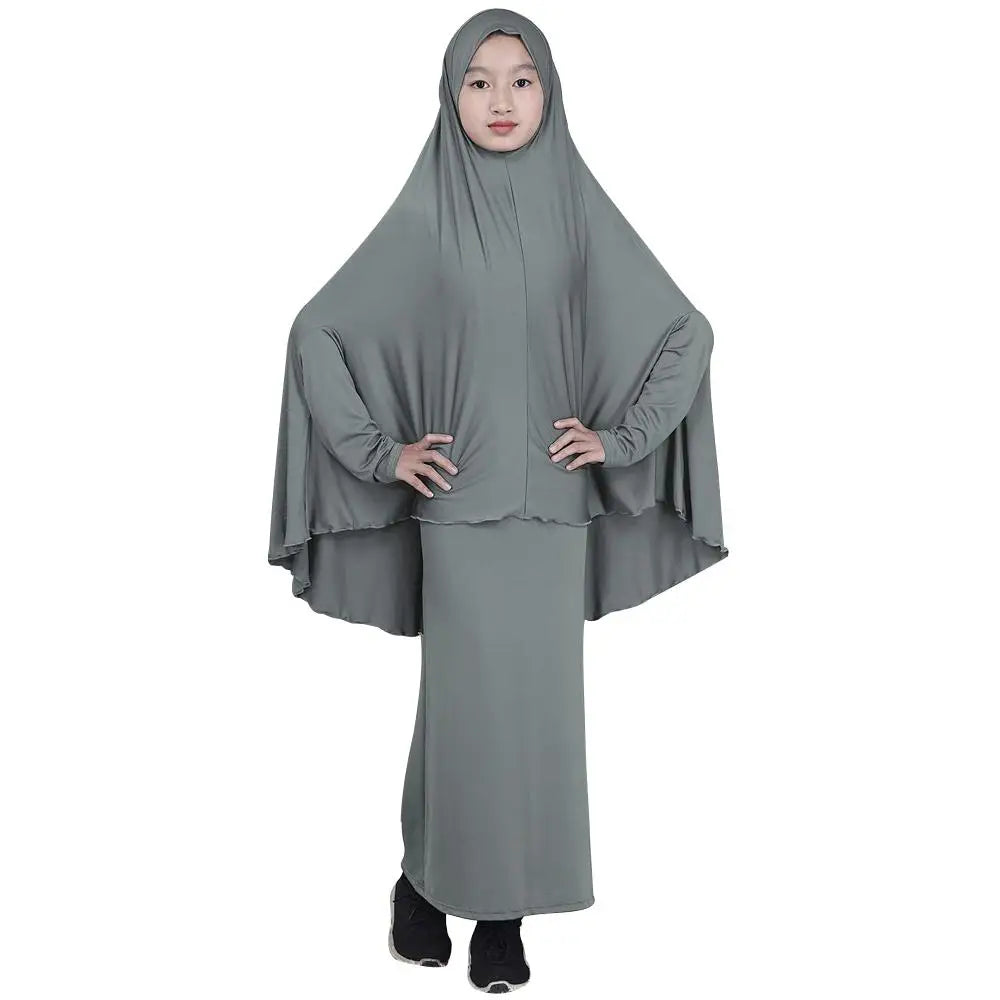 2pcs Set Abaya Muslim Kids Girls Gowns Long Overhead Hijab Maxi Dress Islamic Prayer Garment Clothing Set Turkey Khimar Ramadan