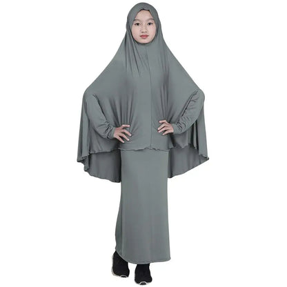 2pcs Set Abaya Muslim Kids Girls Gowns Long Overhead Hijab Maxi Dress Islamic Prayer Garment Clothing Set Turkey Khimar Ramadan