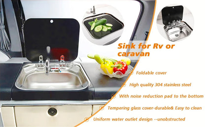 Caravan Camping Stainless Steel Hand Wash Basin with Tempered Glass Lid Camping Accessories Caravan Stainless Steel Lidded Sinks