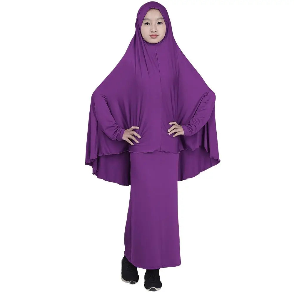 2pcs Set Abaya Muslim Kids Girls Gowns Long Overhead Hijab Maxi Dress Islamic Prayer Garment Clothing Set Turkey Khimar Ramadan
