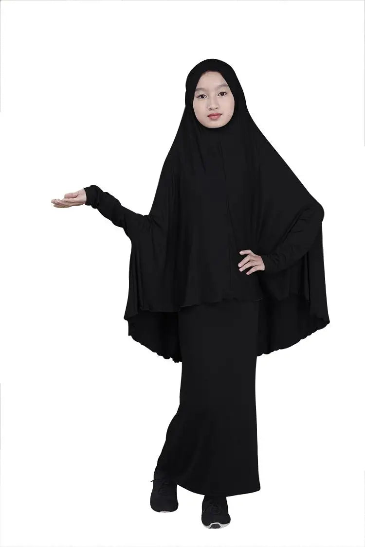 2pcs Set Abaya Muslim Kids Girls Gowns Long Overhead Hijab Maxi Dress Islamic Prayer Garment Clothing Set Turkey Khimar Ramadan