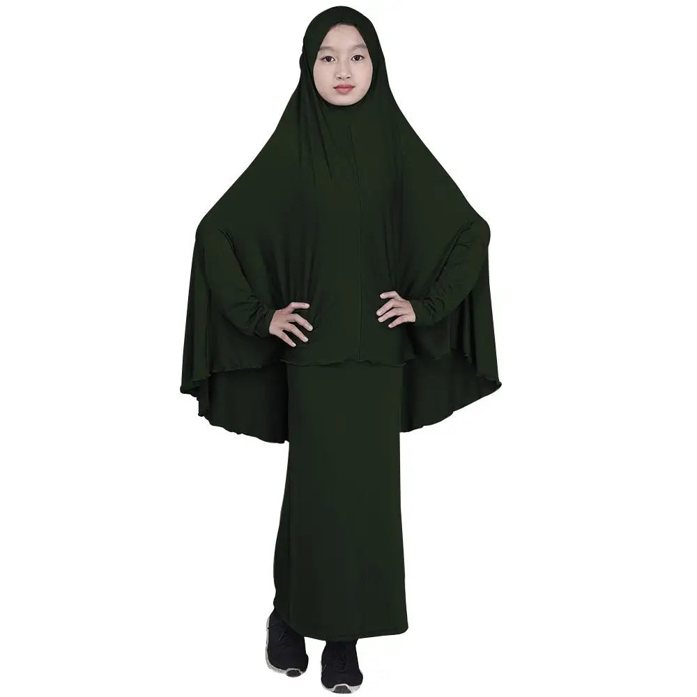 2pcs Set Abaya Muslim Kids Girls Gowns Long Overhead Hijab Maxi Dress Islamic Prayer Garment Clothing Set Turkey Khimar Ramadan