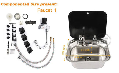 RV Camper Stainless Steel Hand Wash Basin Sink With Folded Faucet Tempered Glass Lid Washbasin for Caravan Boat Motorhome