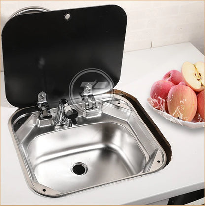 RV Camper Stainless Steel Hand Wash Basin Sink With Folded Faucet Tempered Glass Lid Washbasin for Caravan Boat Motorhome
