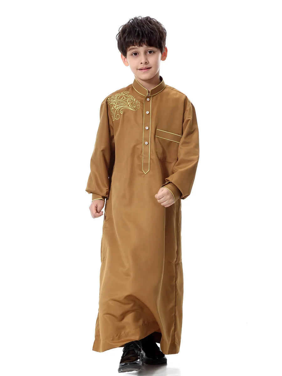 Arab Muslim Kids Boy Jubba Thobe Abaya Kimono Long Dress Caftan for Children Islamic Clothing Long Robes Dress Dubai Arab