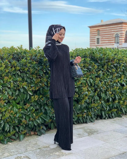 Muslim Sets Women Ramadan Abaya Turkey Dubai Hijab Two Piece Suits Prayer Dress Wide Leg Pants Jilbab Khimar Islamic Clothing