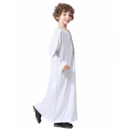 Muslim Boys Robe Embroidered Long Sleeve Dress Gown Saudi Arabia Abaya Kaftan Jubba Thobe Islamic Clothes Eid Djellaba Ramadan