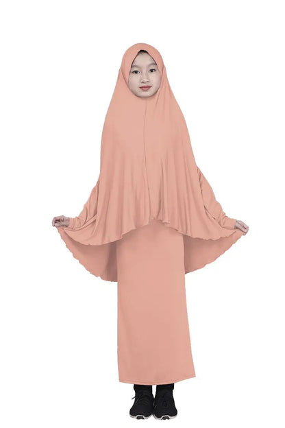 2pcs Set Abaya Muslim Kids Girls Gowns Long Overhead Hijab Maxi Dress Islamic Prayer Garment Clothing Set Turkey Khimar Ramadan