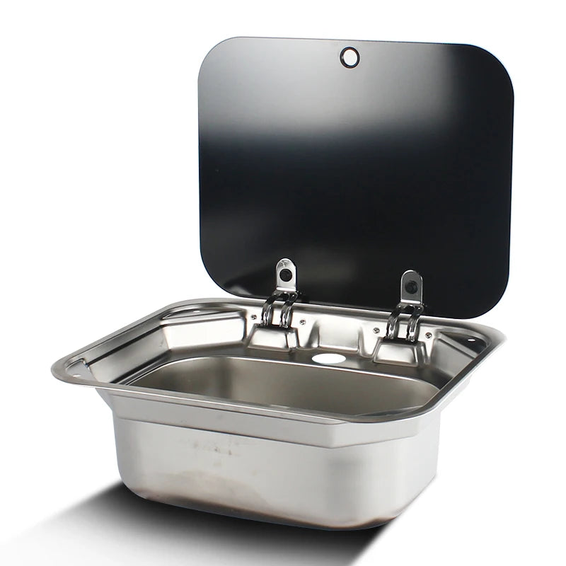 RV Camper Stainless Steel Hand Wash Basin Sink With Folded Faucet Tempered Glass Lid Washbasin for Caravan Boat Motorhome