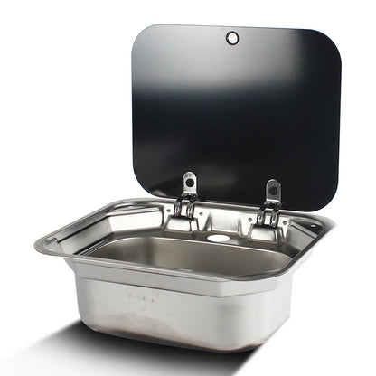 RV Camper Stainless Steel Hand Wash Basin Sink With Folded Faucet Tempered Glass Lid Washbasin for Caravan Boat Motorhome