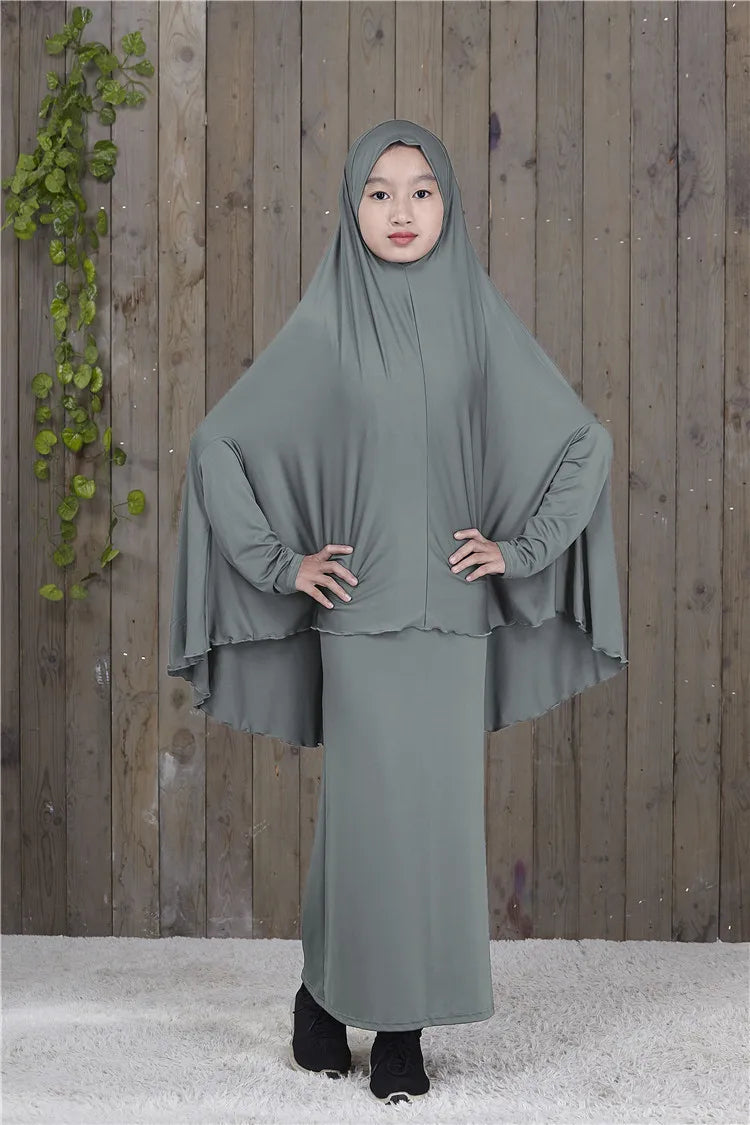 2pcs Set Abaya Muslim Kids Girls Gowns Long Overhead Hijab Maxi Dress Islamic Prayer Garment Clothing Set Turkey Khimar Ramadan