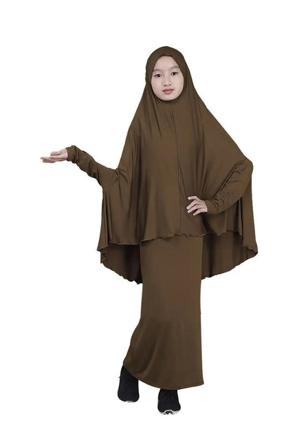 2pcs Set Abaya Muslim Kids Girls Gowns Long Overhead Hijab Maxi Dress Islamic Prayer Garment Clothing Set Turkey Khimar Ramadan