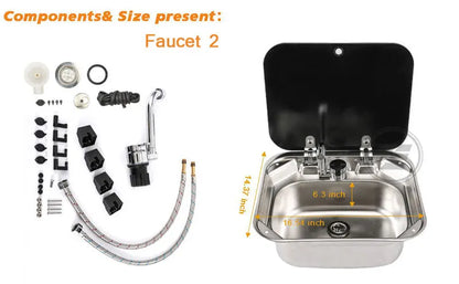 RV Camper Stainless Steel Hand Wash Basin Sink With Folded Faucet Tempered Glass Lid Washbasin for Caravan Boat Motorhome