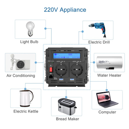 UPS inverter with charger 1500W 2500W DC 12V to AC 220V 230V converter pure sine wave transformer off grid for home