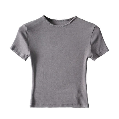 New Basic Style Slim-fit Solid Color Round Neck Bottoming Shirt Workout Top