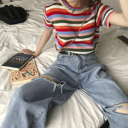 Loose Slimming High Waist Student Straight Knee Ripped Jeans Women