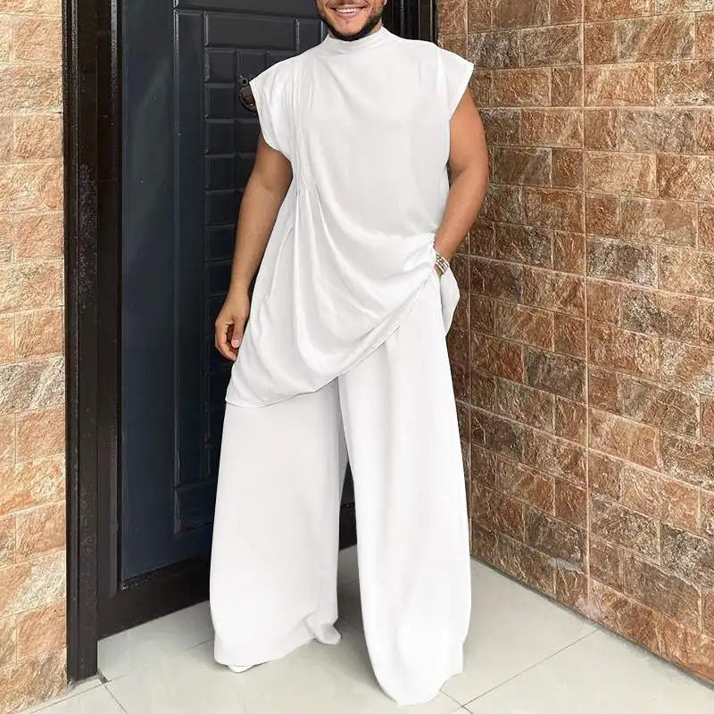 INCERUN Men Sets Muslim Clothing 2023 O-neck Short Sleeve T Shirt & Wide Leg Pants Two Pieces Solid Baggy Men Casual Suits 7