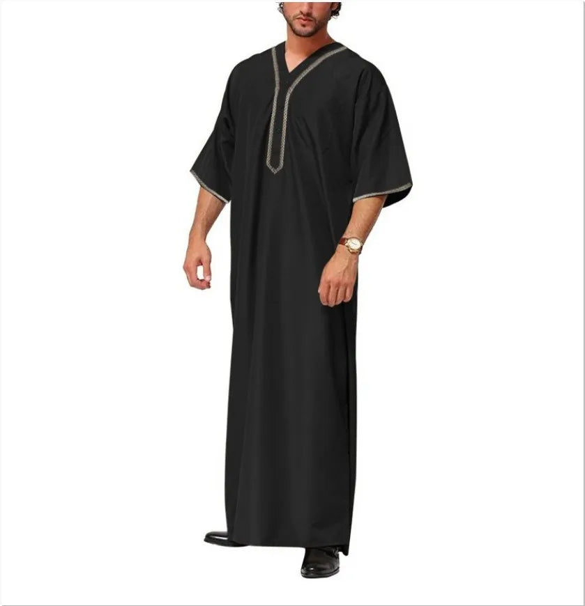 New 2025 Men Islamic Arabic Kaftan Vintage Solid Short Sleeve Loose Retro Robes Abaya Dubai Middle East Muslim Clothing S-5XL