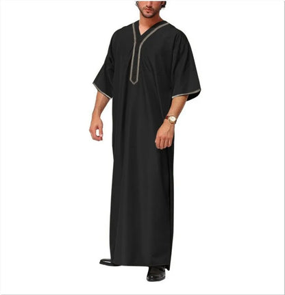 New 2025 Men Islamic Arabic Kaftan Vintage Solid Short Sleeve Loose Retro Robes Abaya Dubai Middle East Muslim Clothing S-5XL