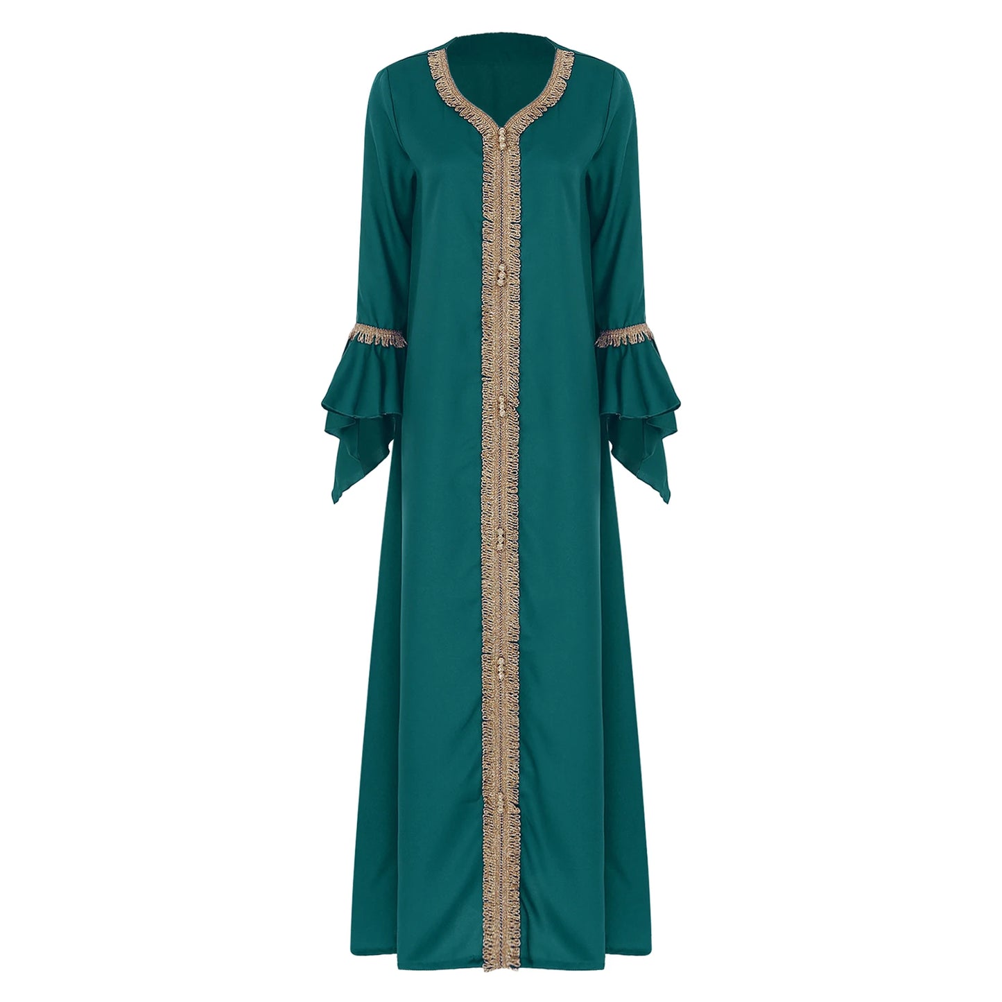 Elegant Womens Muslim Abaya Floor Length Robe V Neck Flared Sleeve Dress Halloween Witch Masquerade Gown Role Play Theme Party